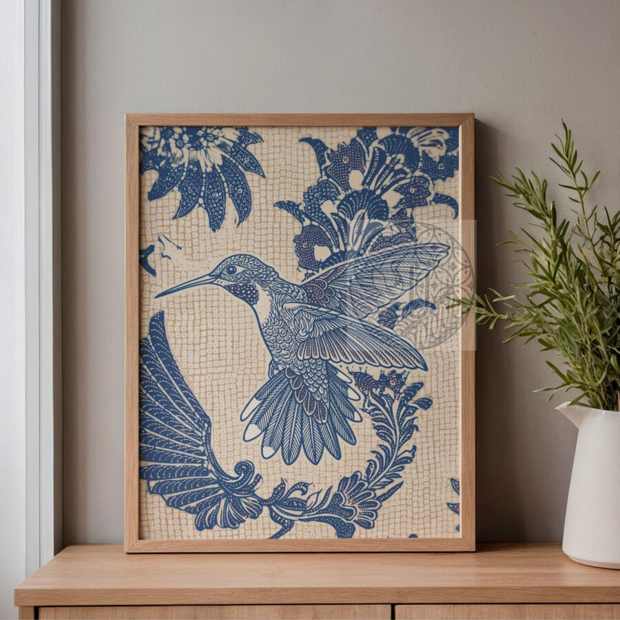 Chinoiserie Hummingbird Batik Wall Art Print
